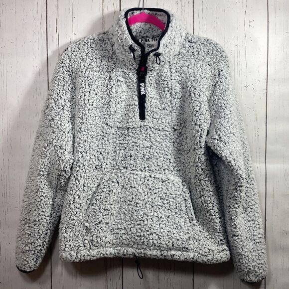 Victorias Secret PINK Sherpa Quarter-Zip Pullover Light Gray Fleece Sweatshirt - Picture 7 of 16